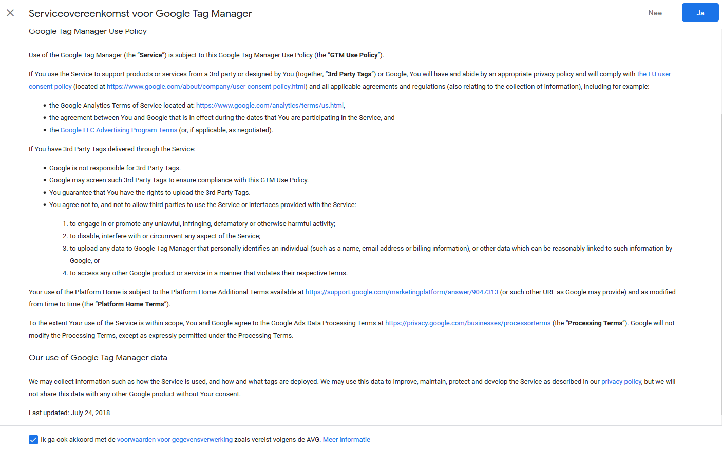 Google tag manager - serviceovereenkomst 2021