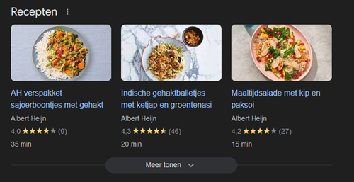 Zoekresultaat van Albert Heijn verrijkt met Structured data
